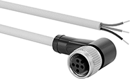 Image of Product. M12 90° Elbow Socket × Wire Leads. Front orientation. Metric Circular Cords. M12 Cords for Intrinsically Safe Devices, M12 90° Elbow Socket × Wire Leads.