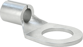 Image of Product. Front orientation. Tin-Plated Copper Ring Terminals, Noninsulated, for 8 Wire Gauge and 3/8" Screw Size.