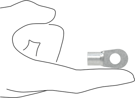 Image of Product. Side1 orientation. Contains SizingReference. Tin-Plated Copper Ring Terminals, Noninsulated, for 4 Wire Gauge and 3/8" Screw Size.