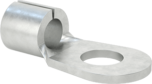 Image of Product. Front orientation. Tin-Plated Copper Ring Terminals, Noninsulated, for 4 Wire Gauge and 3/8" Screw Size.
