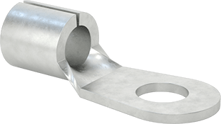 Image of Product. Front orientation. Tin-Plated Copper Ring Terminals, Noninsulated, for 6 Wire Gauge and 1/4" Screw Size.