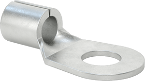 Image of Product. Front orientation. Tin-Plated Copper Ring Terminals, Noninsulated, for 6 Wire Gauge and 5/16" Screw Size.