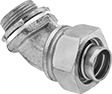 Image of Product. Twist-In × Threaded. Front orientation. Conduit and Fittings. Liquid-Tight Flexible Metal (LFMC) Conduit and Fittings, 45° Elbow, Connector Fitting, Twist-In Conduit Connection × Threaded Knockout Connection.
