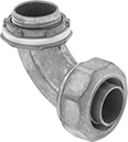 Image of Product. Twist-In × Threaded. Front orientation. Conduit and Fittings. Liquid-Tight Flexible Metal (LFMC) Conduit and Fittings, Connector Fitting, 90° Elbow, Twist-In Conduit Connection × Threaded Knockout Connection.