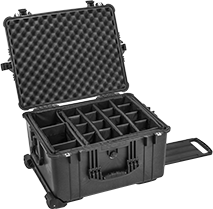 Image of Product. Front orientation. Cases. Mobile Protective Storage Cases with Compartments, Plastic Padlockable Cases, Adjustable Dividers, 29 Compartments.