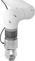Image of ProductInUse. Shown with Robot Arm (Not Included). Front orientation. Pick-and-Place Grippers. Robot-Ready Electric Soft Pick-and-Place Grippers.
