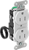 Image of Product. Front orientation. Power Connectors. Straight-Blade Connectors, Outlet-Box-Mount Female Receptacles with Wire Leads, Duplex.