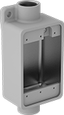 Image of Product. Front orientation. Outlet Boxes. Aluminum Conduit-Ready Outlet Boxes, 2 Conduit Connections.