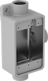 Image of Product. Front orientation. Outlet Boxes. Aluminum Conduit-Ready Outlet Boxes, 3 Conduit Connections.