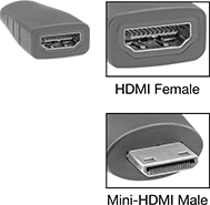 Image of Product. Front orientation. Contains Inset. HDMI Connectors. HDMI Connectors, Straight Male Mini HDMI × Female Standard HDMI.