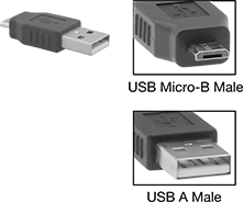 Image of Product. Front orientation. Contains Inset. USB Connectors. USB Adapters, Straight Micro USB-B Male × USB-A Male.