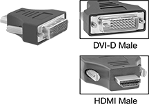 Image of Product. Front orientation. Contains Inset. Video Adapters. Video Adapters, DVI-D Male × Standard HDMI Male.
