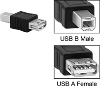 Image of Product. Front orientation. Contains Inset. USB Connectors. USB Adapters, Straight USB-B Male × USB-A Female.