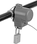 Image of ProductInUse. (Padlock Not Included). Front orientation. Lockouts. Valve Stem Lockouts, Lockout Cable.