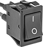 Image of Product. Vertical Line/Circle with Wire Leads. Front orientation. Rocker Switches. High-Starting-Current Rocker Switches, Wire Lead Connection, Not Illuminated, Without Guard, Circle, Vertical Line.