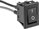 Image of Product. Vertical Line/Circle with Wire Leads. Front orientation. Rocker Switches. Submersible High-Starting-Current Rocker Switches, Wire Lead Connection, Not Illuminated, Without Guard, Circle, Vertical Line.
