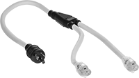 Image of Product. Plug × Socket × Socket. Front orientation. Electrical Cord Adapters. Straight End, 2 Outlets.
