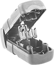 Image of Product. Hinged Housing Shown Open. Front orientation. Power Connectors. Easy-Access Snug-Fit Straight-Blade Connectors.