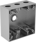 Image of Product. Front orientation. Outlet Boxes. Weatherproof Outlet Boxes, Square Outlet Boxes, 7 Conduit Connections, For Maximum of 2 Devices.