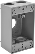 Image of Product. Front orientation. Outlet Boxes. Weatherproof Outlet Boxes, Rectangular Outlet Boxes, 5 Conduit Connections, For Maximum of 1 Device.