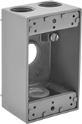 Image of Product. Front orientation. Outlet Boxes. Weatherproof Outlet Boxes, Rectangular Outlet Boxes, 4 Conduit Connections, For Maximum of 1 Device.