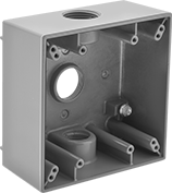 Image of Product. Front orientation. Outlet Boxes. Weatherproof Outlet Boxes, Square Outlet Boxes, 3 Conduit Connections, For Maximum of 2 Devices.