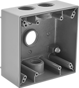 Image of Product. Front orientation. Outlet Boxes. Weatherproof Outlet Boxes, Square Outlet Boxes, 4 Conduit Connections, For Maximum of 2 Devices.