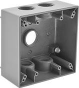 Image of Product. Front orientation. Outlet Boxes. Weatherproof Outlet Boxes, Square Outlet Boxes, 5 Conduit Connections, For Maximum of 2 Devices.