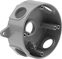 Image of Product. Front orientation. Outlet Boxes. Weatherproof Outlet Boxes, Round Outlet Boxes, 5 Conduit Connections, For Maximum of 1 Device.