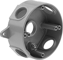 Image of Product. Front orientation. Outlet Boxes. Weatherproof Outlet Boxes, Round Outlet Boxes, 5 Conduit Connections, For Maximum of 1 Device.