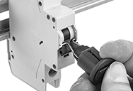 Image of ProductInUse. Front orientation. Lockouts. Pin-Out DIN-Rail Mount Circuit Breaker Lockouts.