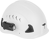 Image of ProductInUse. Clip-On Attachment for Slotted Brimless Hard Hats. Front orientation. One Clip-On Attachment for Slotted Brimless Hard Hats. Side-Mount Headlamps.