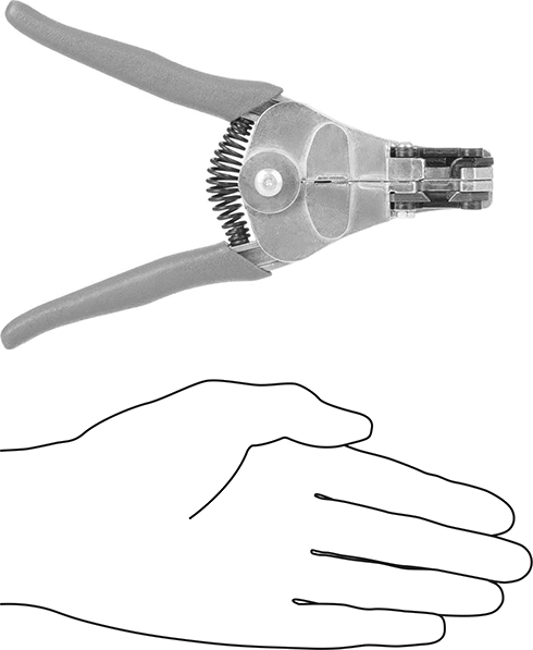 Image of Product. Side1 orientation. Contains SizingReference. Squeeze-and-Strip Electrical Wire Stripper, for 22 to 10 Gauge Solid and Stranded Wire.