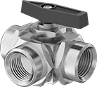 Image of Product. Female Side × Female Side × Female Side. Front orientation. Side Connection. Panel-Mount Threaded Diverting Valves , Female.
