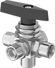 Image of Product. Female Bottom × Female Side × Female Side × Female Side. Front orientation. Bottom Connection. Panel-Mount Threaded Diverting Valves , Female, NPT Thread.