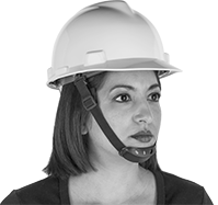 Image of ProductInUse. Chin Strap with Chin Guard. Front orientation. Hard Hat Chin Straps. Chin Straps with Chin Guard—Clip On.