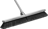 Image of Product. Broom with Clamp Brace. Front orientation. Brooms. Scratch-Free Push Brooms for Smooth Surfaces, Black Bristle, Wood Handle, Threaded Handle, Clamp Brace.