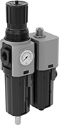 Image of Product. Front orientation. Compressed Air Filter/Regulator/Lubricators. Norgren Modular Compressed Air Filter/Regulator/Lubricators (FRLs), Stacked Components.