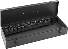 Image of Product. Front orientation. 1 Adapter Included. 6-Point Impact Socket Sets, Metal Case.