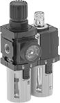 Image of Product. Front orientation. Compressed Air Filter/Regulator/Lubricators. ARO Modular Compressed Air Filter/Regulator/Lubricators (FRLs) , Stacked Components.