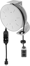 Image of Product. Stationary Mount with Socket and Inline GFCI. Front orientation. Socket. Harsh Environment Automatic-Wind Extension Cord Reels , Stationary Mounting Bracket, Inline GFCI.