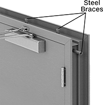 Image of Specification. Front orientation. Contains Annotated. Steel-Brace Core. Tornado Single Doors.