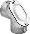 Image of Product. Threaded Connection with Removable Cover. Front orientation. Conduit and Fittings. Medium-Wall (IMC) and Thick-Wall (RMC) Metal Conduit and Fittings, 90° Elbow, Connector Fitting, Threaded Conduit Connection, Removable Cover.