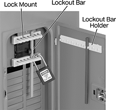 Image of ProductInUse. (Padlock Not Included). Front orientation. Contains Annotated, MultipleImages. Lockouts. Circuit Breaker Lockout Bars.