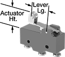 Image of Attribute. Style G. Front orientation. Contains Annotated. Snap-Acting Switches. Snap-Acting Switches, Roller Lever Actuator Style, Style G.