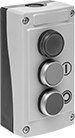 Image of Product. Two Flush Buttons with Red Indicating Light. Front orientation. 2 Buttons. Plastic Enclosed Push-Button Switches, Red Indicating Light, Flush Push Button.