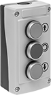 Image of Product. Three Flush Buttons. Front orientation. 3 Buttons. Plastic Enclosed Push-Button Switches, Flush Push Button.
