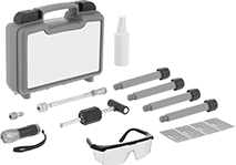 Image of Product. Dye Kit with Sealant. Front orientation. Leak-Detecting Dyes. Leak-Detecting Dye Kits for HVAC Systems, Liquid, Fluorescent Blue/Green.