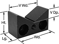 Image of Product. Front orientation. Contains Annotated. V-Blocks. Precise-Positioning V-Blocks for Grid Fixtures, Horizontal Mount with Counterbored Mounting Holes.