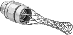 Image of Product. Twist-In × Threaded with Wire-Mesh Grip. Front orientation. Conduit and Fittings. Liquid-Tight Flexible Metal (LFMC) Conduit and Fittings, Connector Fitting, Straight, Twist-In Conduit Connection × Threaded Knockout Connection, Stainless Steel Wire-Mesh Grip.